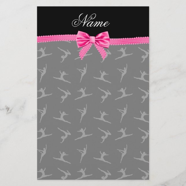 Personalized name black gymnastics pink bow stationery (Front)