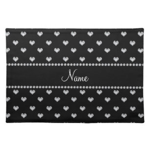 Personalized name black heart diamonds placemat