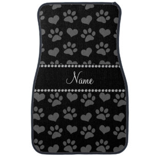 Personalized name black hearts and paw prints car mat