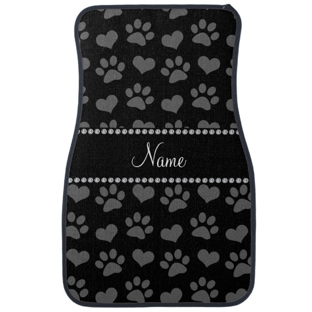 Personalized name black hearts and paw prints car mat (Front)