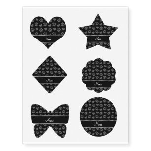 Personalized name black hearts and paw prints temporary tattoos