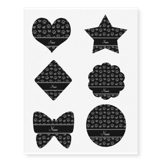 Personalized name black hearts and paw prints temporary tattoos (Front)