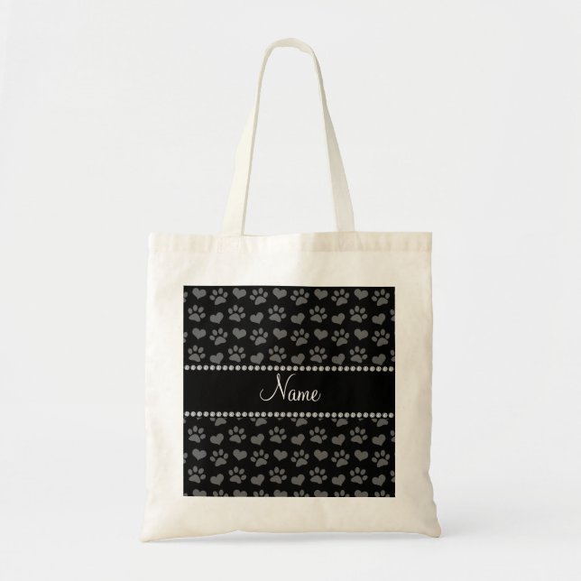 Personalized name black hearts and paw prints tote bag (Front)