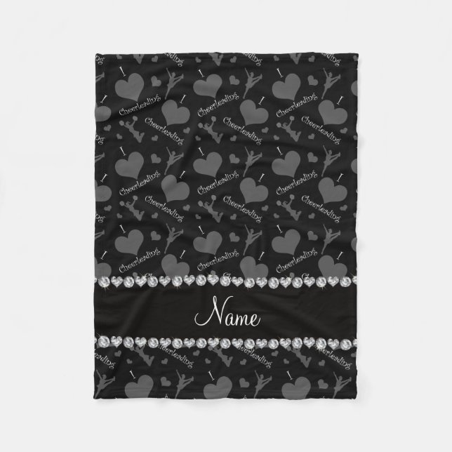 Personalized name black i love cheerleading hearts fleece blanket (Front)