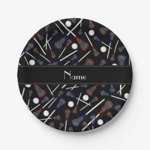 Personalized name black lacrosse pattern paper plates