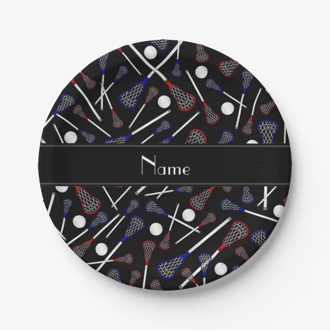 Personalized name black lacrosse pattern paper plates (Front)