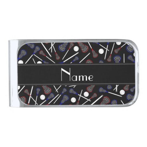 Personalized name black lacrosse pattern silver finish money clip