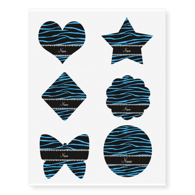 Personalized name black light blue zebra stripes temporary tattoos (Front)