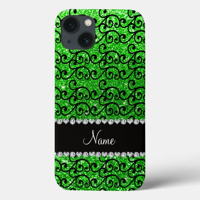 Personalized name black lime green glitter swirls Case-Mate iPhone case (Back)