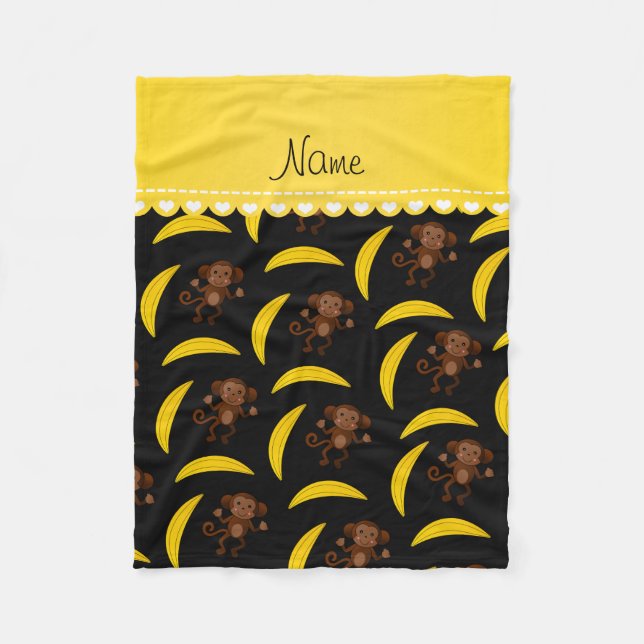 Personalized name black monkey bananas fleece blanket (Front)