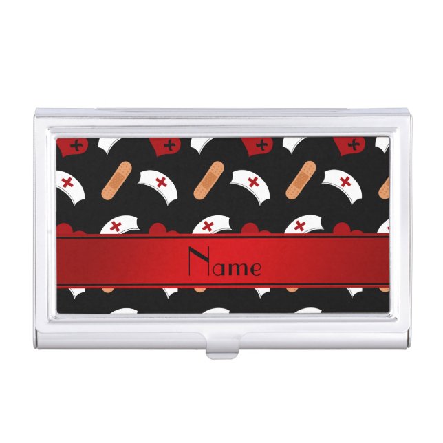 Personalized name black nurse pattern business card holder (Front)