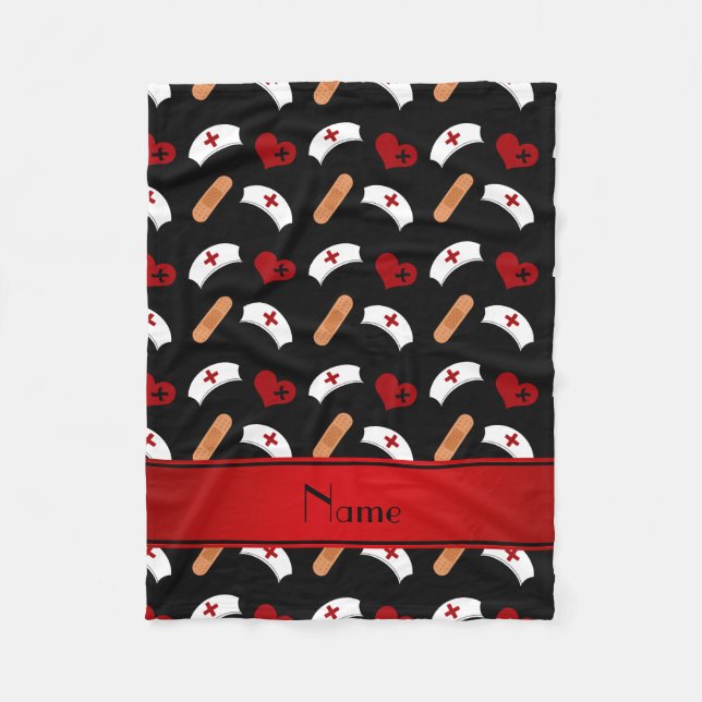 Personalized name black nurse pattern fleece blanket (Front)