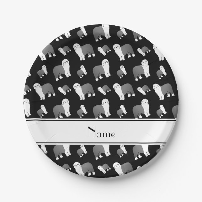 Personalized name black Old English Sheepdog dogs Paper Plates (Front)