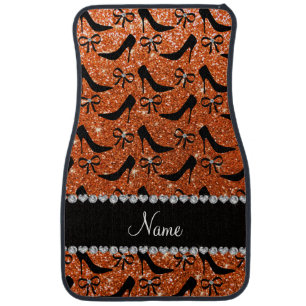 Personalized name black orange glitter high heels car mat