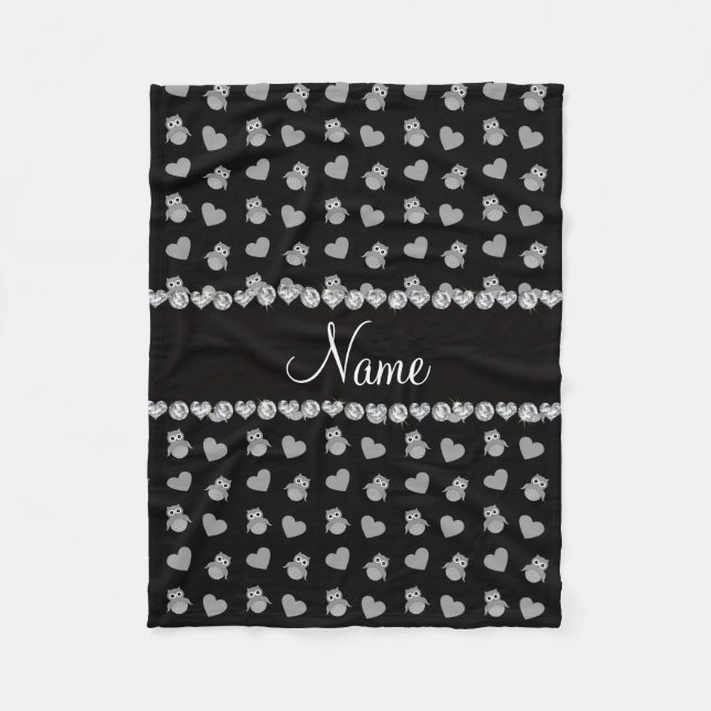 Personalized name black owl hearts fleece blanket (Front)
