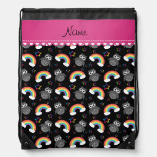 Personalized name black owls rainbows stars drawstring bag
