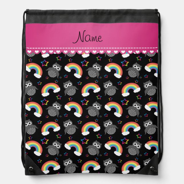 Personalized name black owls rainbows stars drawstring bag (Front)