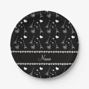Personalized name black paris eiffel tower paper plates