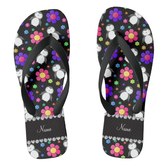 Personalized name black penguins flowers flip flops (Footbed)