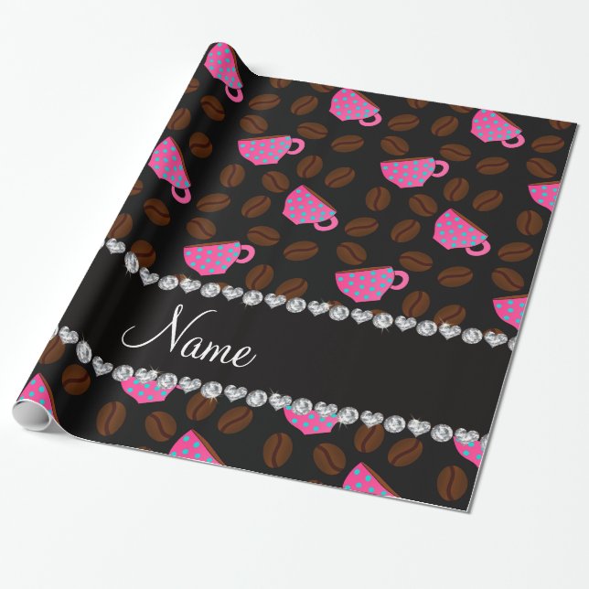 Personalized name black pink coffee cups beans wrapping paper (Unrolled)