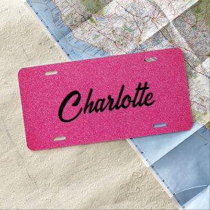 Personalized Name Black Pink Glitter Script License Plate