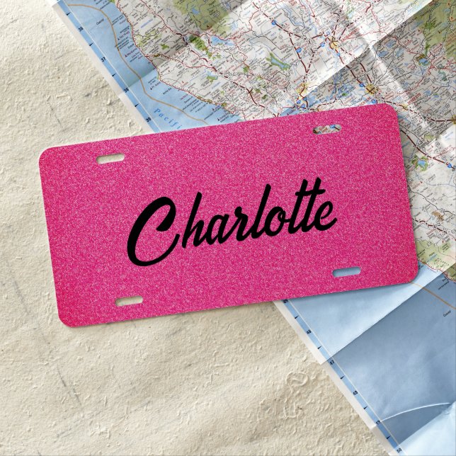Personalized Name Black Pink Glitter Script License Plate (In Situ)