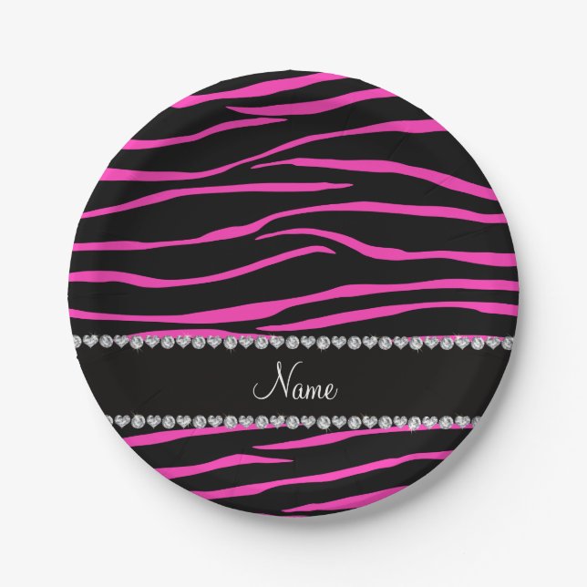 Personalized name black pink zebra stripes paper plates (Front)