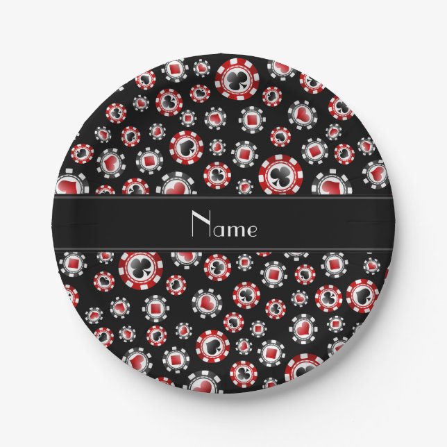 Personalized name black poker chips paper plates (Front)