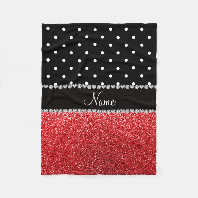 Personalized name black polka dots red glitter fleece blanket (Front)