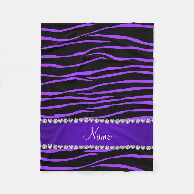 Personalized name black purple zebra stripes fleece blanket (Front)