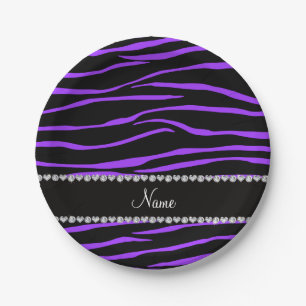 Personalized name black purple zebra stripes paper plates