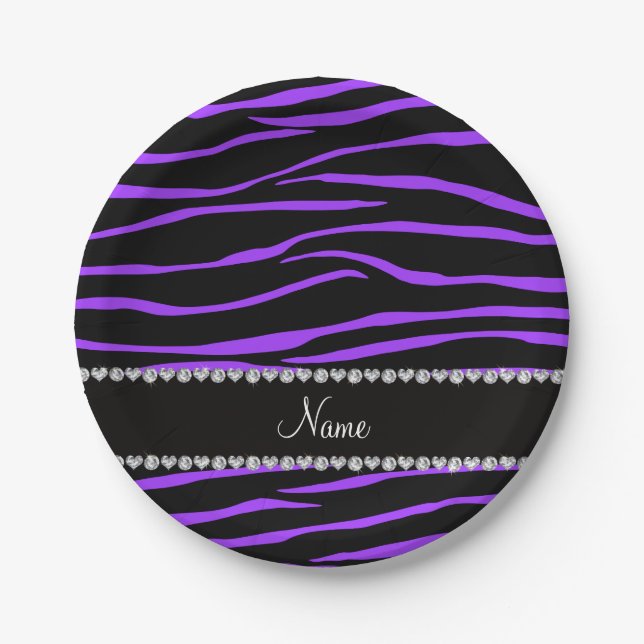 Personalized name black purple zebra stripes paper plates (Front)