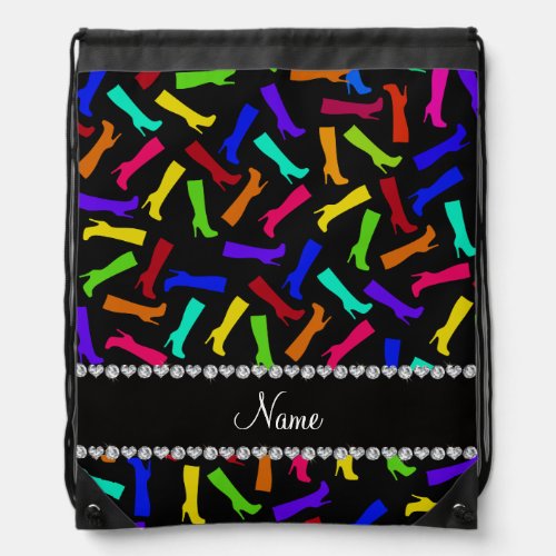 Personalized name black rainbow boots drawstring bag