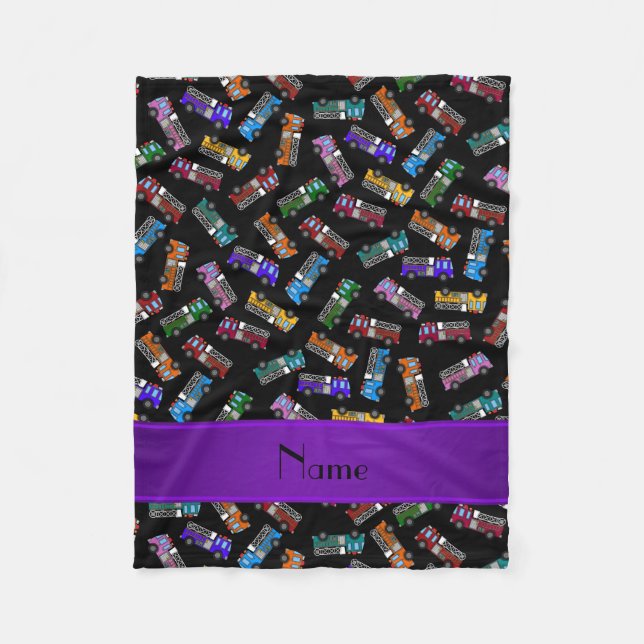 Personalized name black rainbow fire trucks fleece blanket (Front)