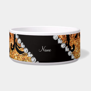 Personalized name black rainbow glitter damask bowl