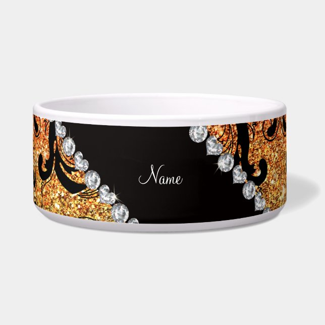 Personalized name black rainbow glitter damask bowl (Front)