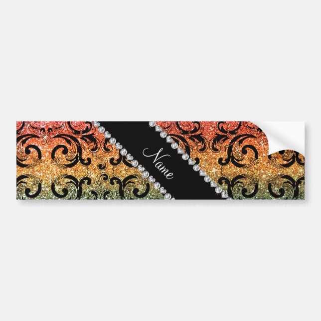 Personalized name black rainbow glitter damask bumper sticker (Front)