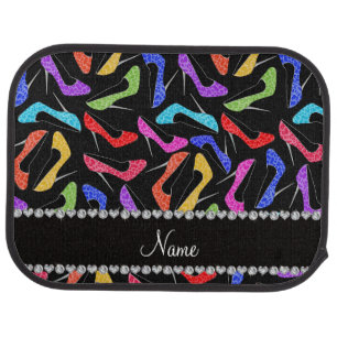 Personalized name black rainbow leopard high heels car floor mat