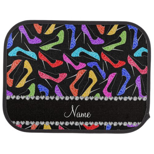 Personalized name black rainbow leopard high heels car floor mat