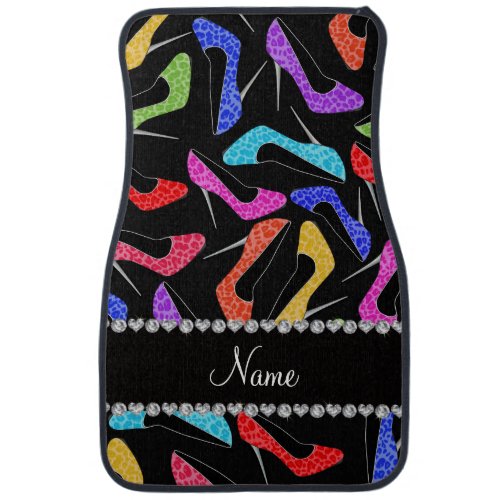 Personalized name black rainbow leopard high heels car floor mat