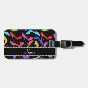 Personalized name black rainbow leopard high heels luggage tag