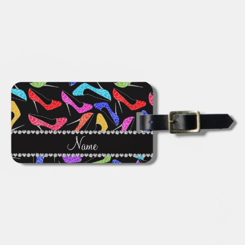 Personalized name black rainbow leopard high heels luggage tag