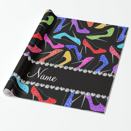 Personalized name black rainbow leopard high heels wrapping paper