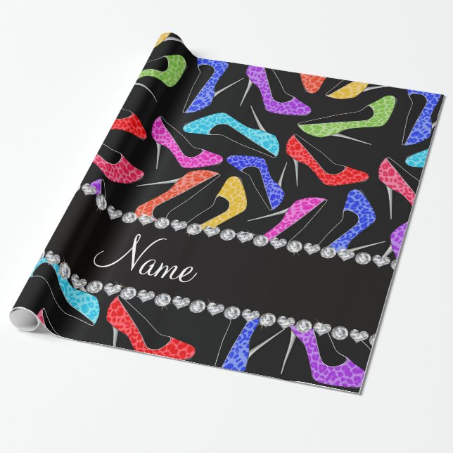 Personalized name black rainbow leopard high heels wrapping paper (Unrolled)