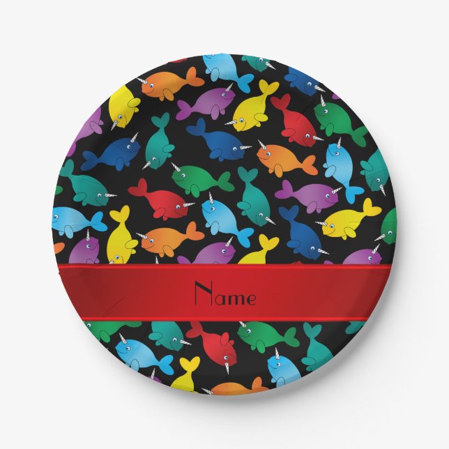 Personalized name black rainbow narwhals paper plates (Front)