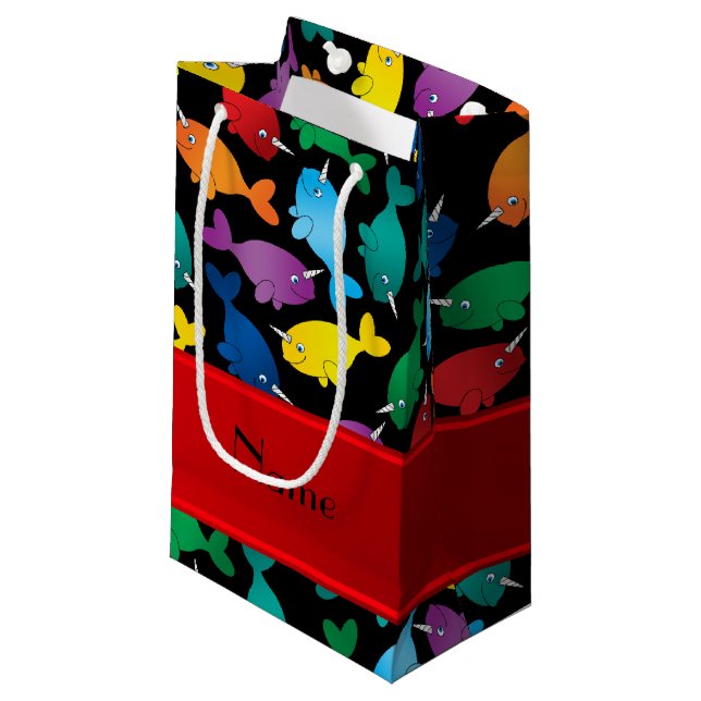 Personalized name black rainbow narwhals small gift bag (Front Angled)
