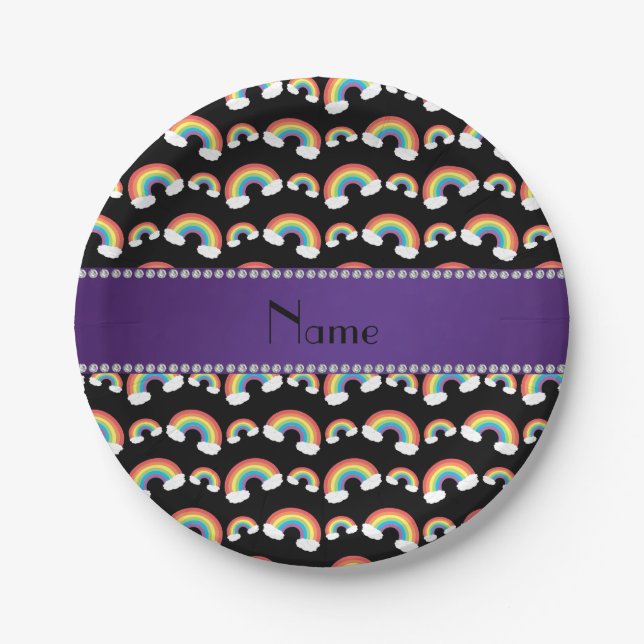 Personalized name black rainbows pattern paper plates (Front)