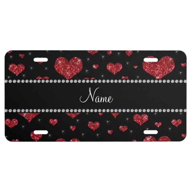 Personalized name black red glitter hearts license plate (Front)