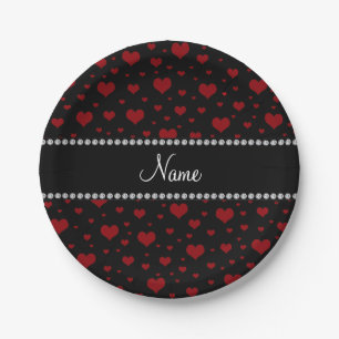 Personalized name black red hearts paper plates