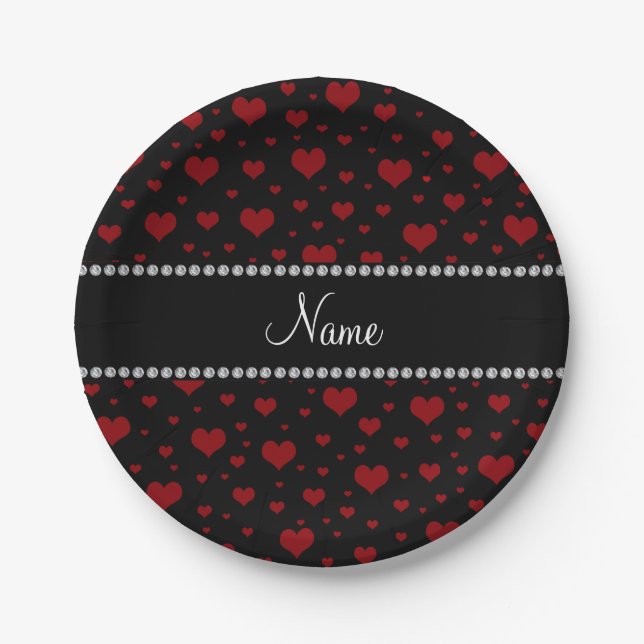 Personalized name black red hearts paper plates (Front)